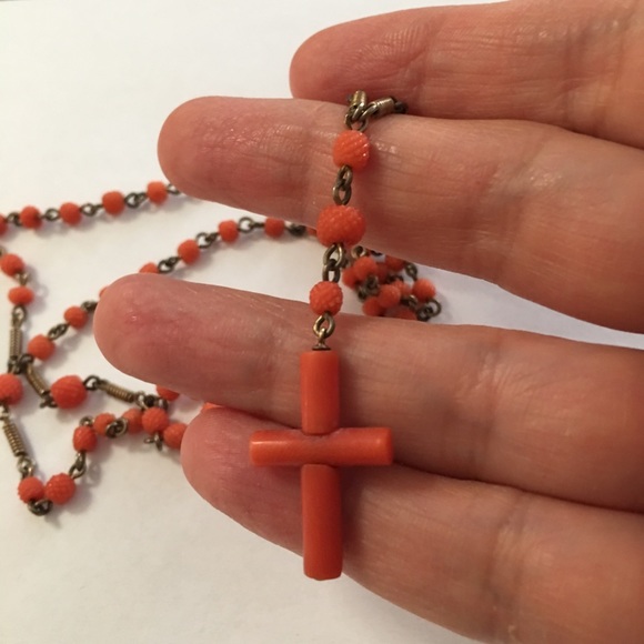 Vintage Jewelry - Antique undyed carved coral & silver French Rosary